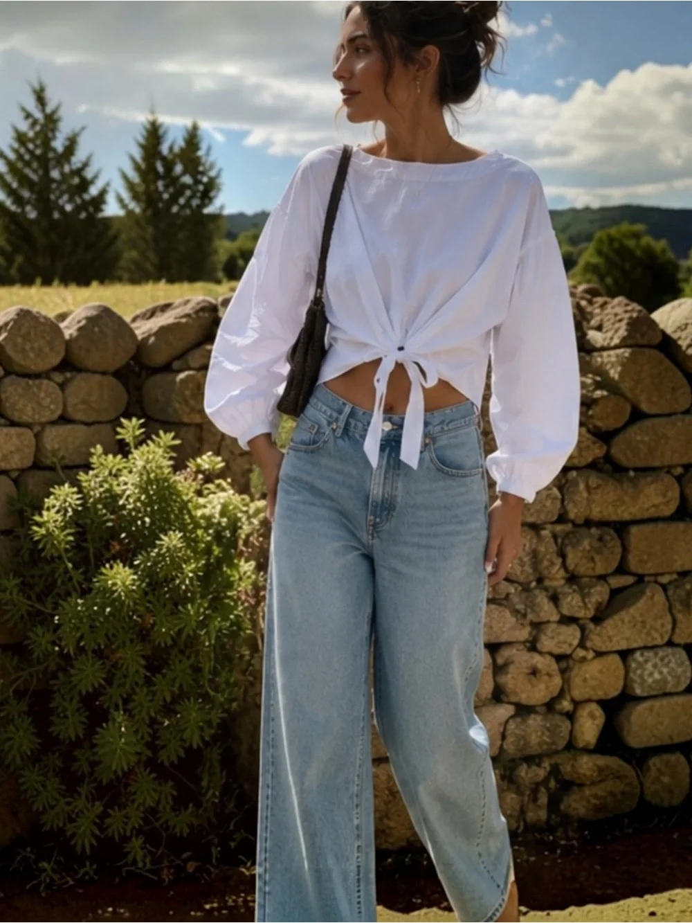 Free People 100% Cotton White Tie Front Balloon Sleeve Cropped Blouse Top